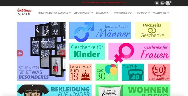 Startseite von Lieblingsmensch24 mit Angeboten zu günstigen Geschenken