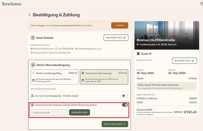Screenshot aus dem Buchungsprozess mit Eingabefeld, wo du den limehome Gutschein einloesen kannst