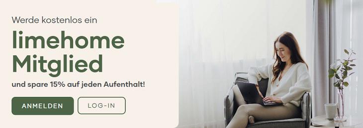 Banner: Als limehome Mitglied 15 % auf jeden Aufenthalt erhalten