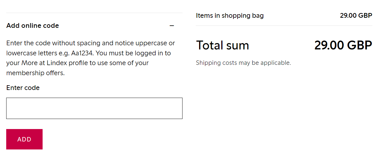 Lindex discount code redemption box - checkout
