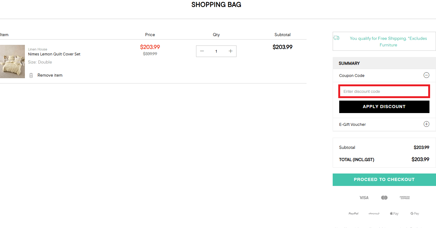 Linen House discount code box in shopping cart