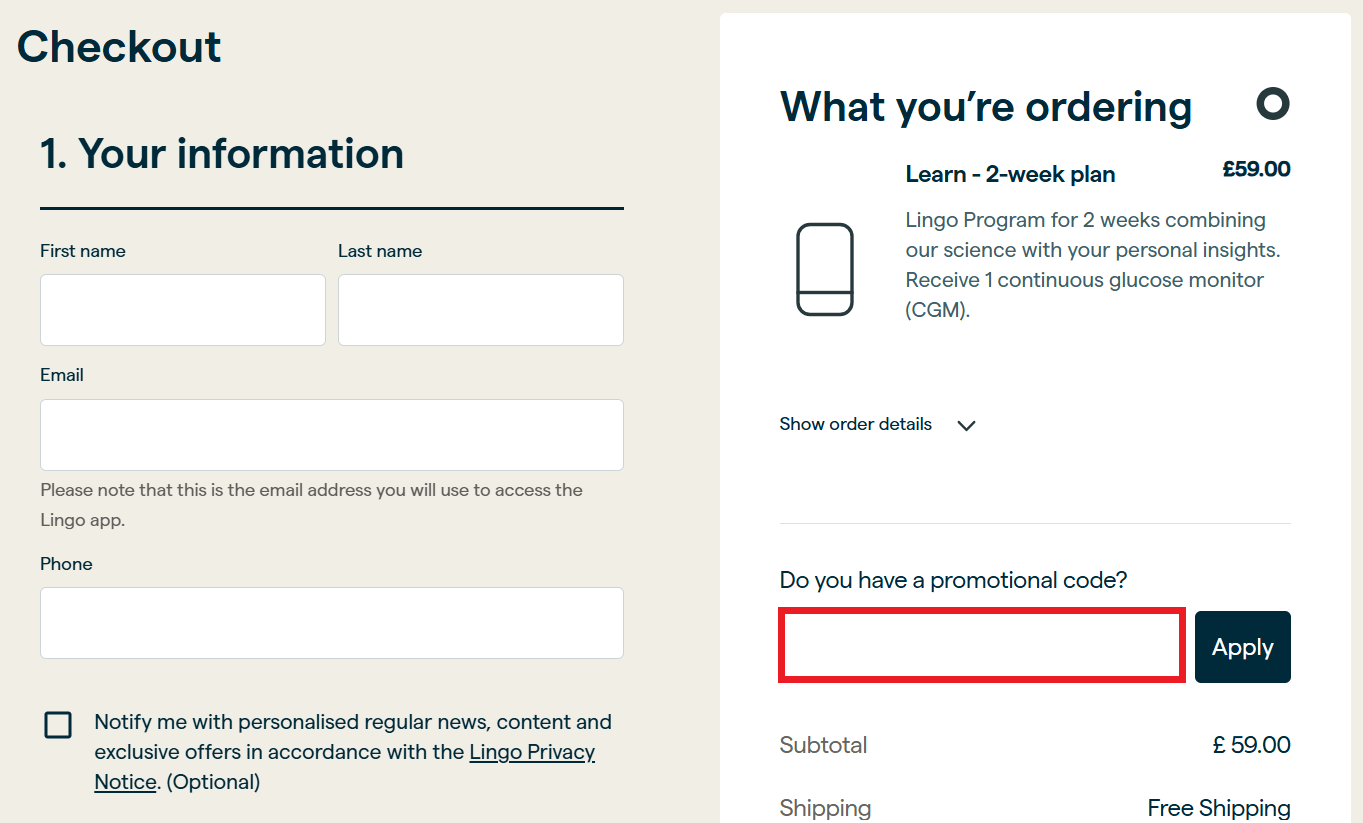 Lingo discount code box in shopping basket image