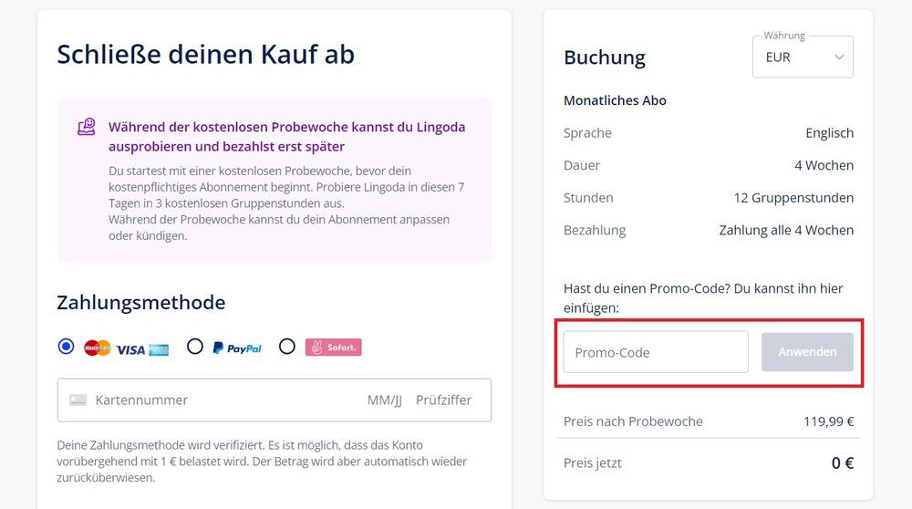 Screenshot vom Buchungsprozess mit markiertem Eingabefeld, wo du einen Lingoda Gutschein einlösen kannst