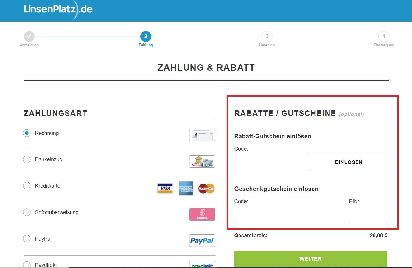 Einlösen eines LinsenPlatz.de-Gutscheins