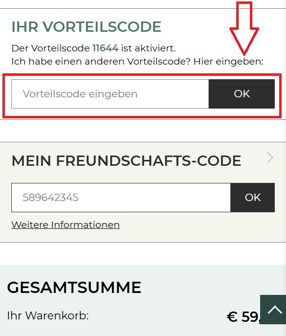 Warenkorbansicht mit EIngabefeld für Linvosges Gutschein