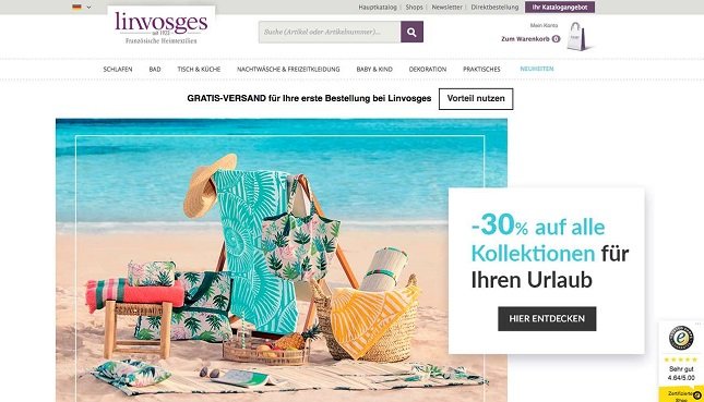 Startseite des Linvosges Online-Shops mit 30 % Angebot