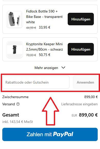 Screenshot vom Eingabefeld mit Hinweis darauf, wo du den Liquid-Life Gutschein einlösen kannst