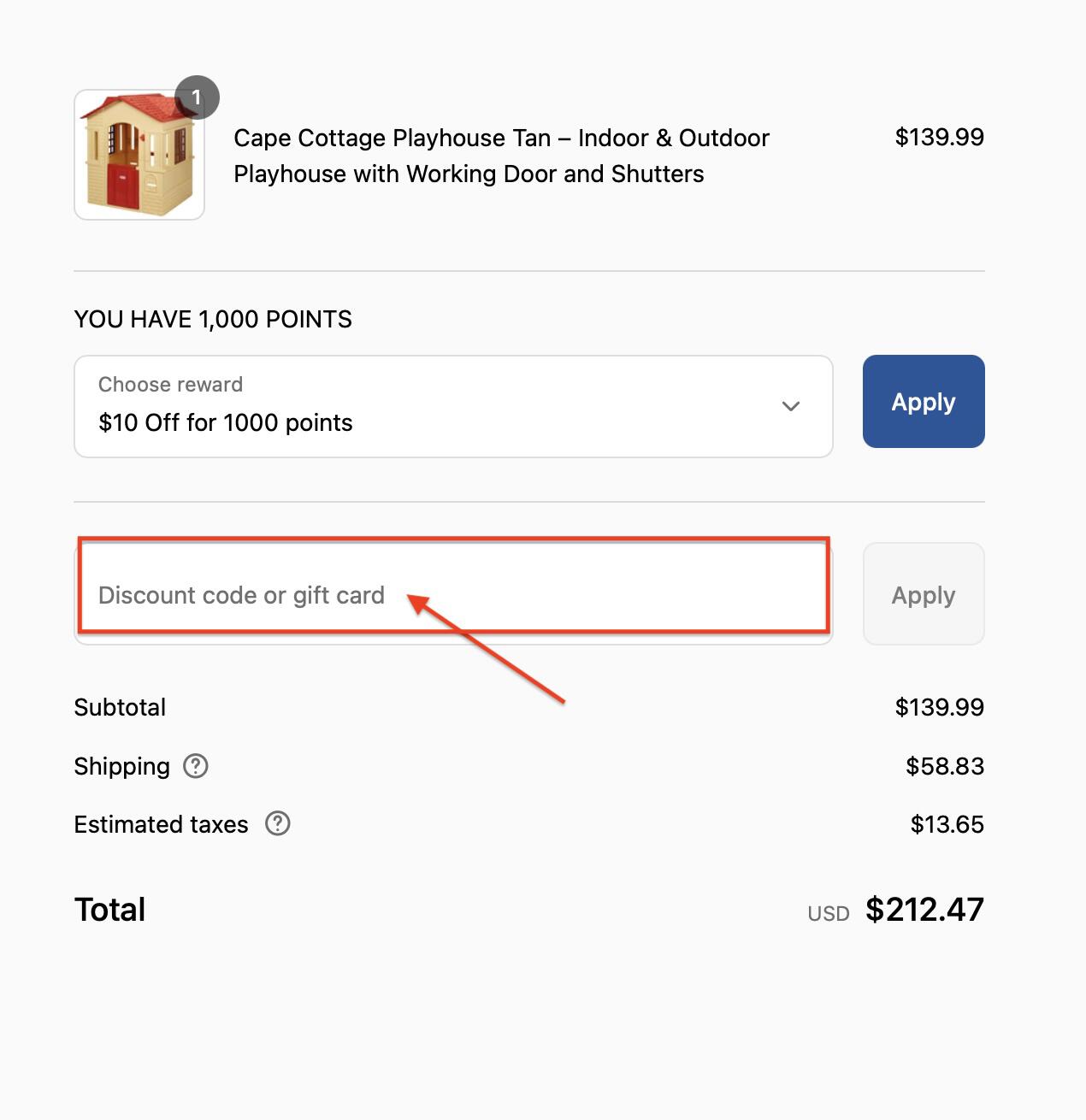 red arrow pointing to little tikes discount code box
