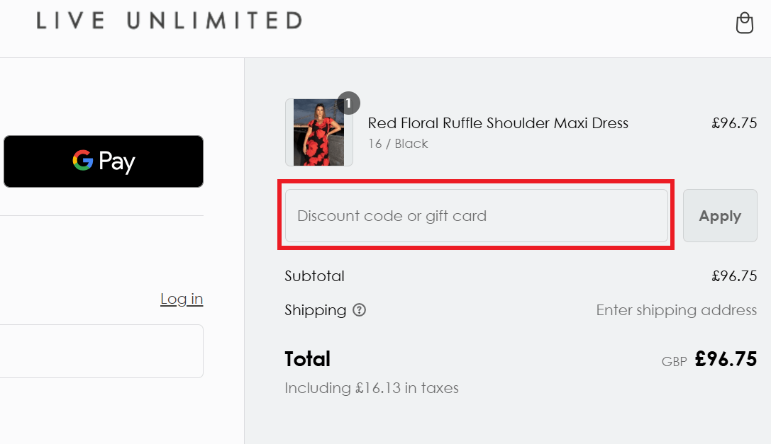 Live Unlimited discount code box in shoopping basket