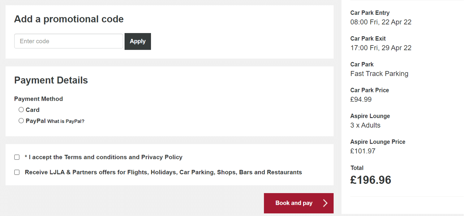 Screenshot of the Liverpool Airport code redemption box for airport car parking