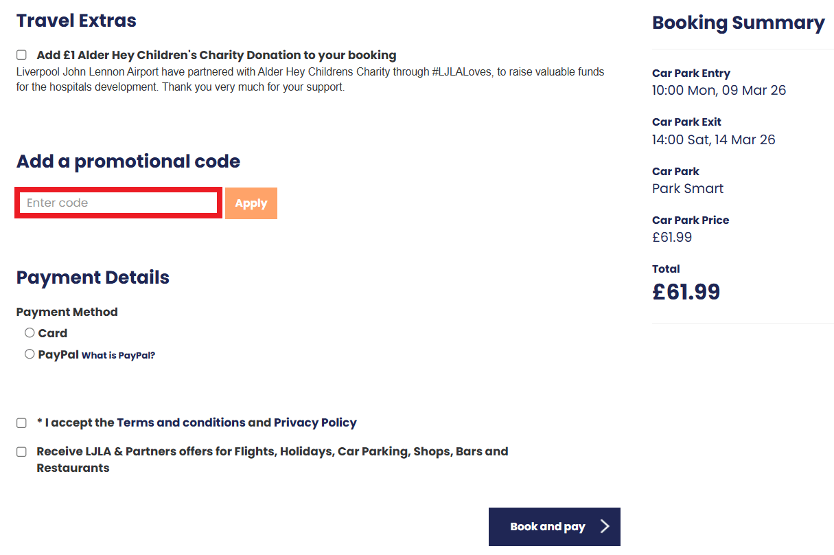Liverpool Airport Parking discount code box during booking process