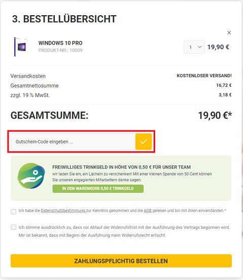 Screenshot aus dem Warenkorb mit Eingabefeld, wo du den Lizensio Gutschein einlösen kannst