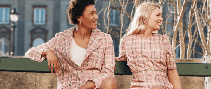 LK Bennett more ways to save banner showing 2 women wearing pink check fashion