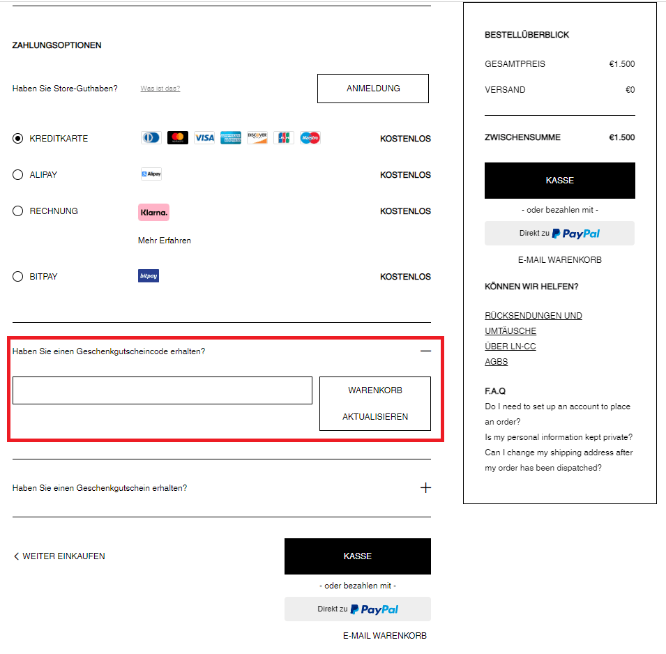 Feld zum LN-CC-Gutscheincode eingeben im Warenkorb