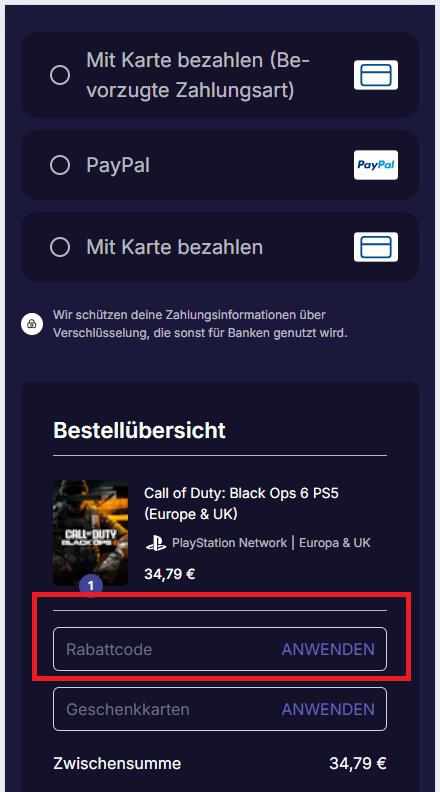 Eingabefeld für Loaded Rabattcode an der Online-Kasse