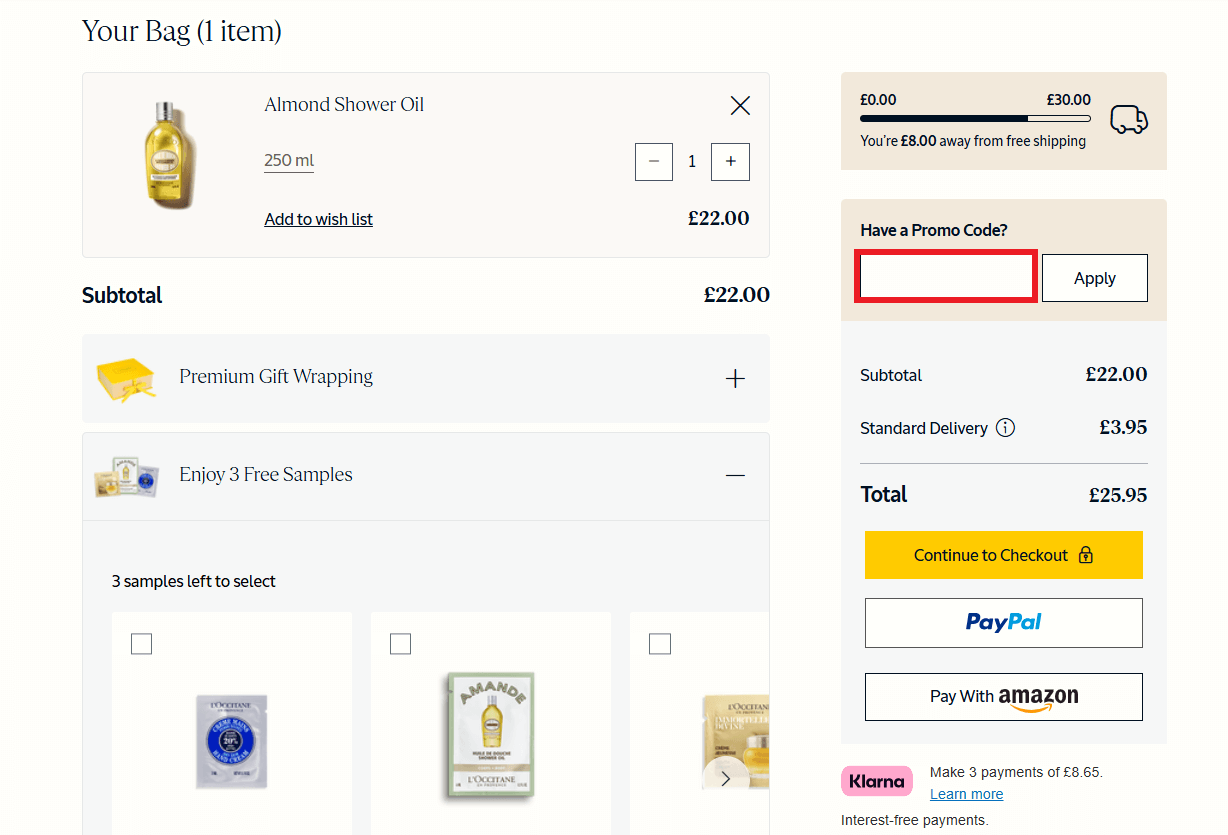 LOccitane discount code box on the checkout page