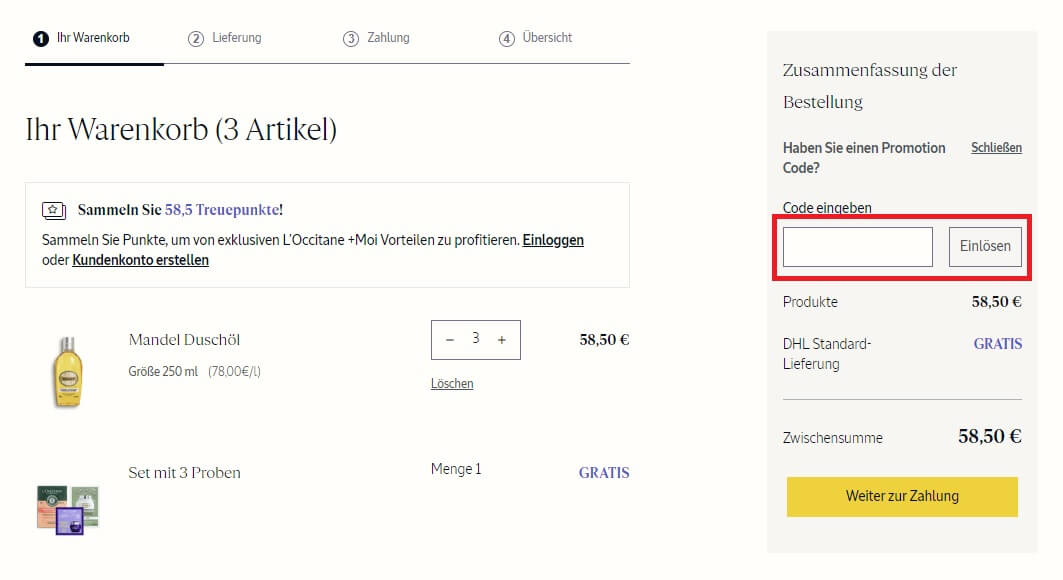 Eingabefeld zum L&apos;Occitane-Gutschein einlösen im Warenkorb des Online Shops