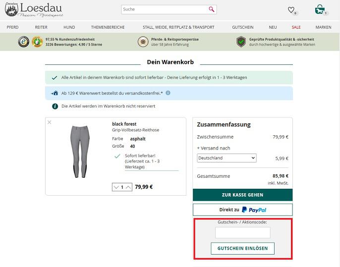 Warenkorb-Screenshot mit Eingabefeld für Loesdau Gutschein