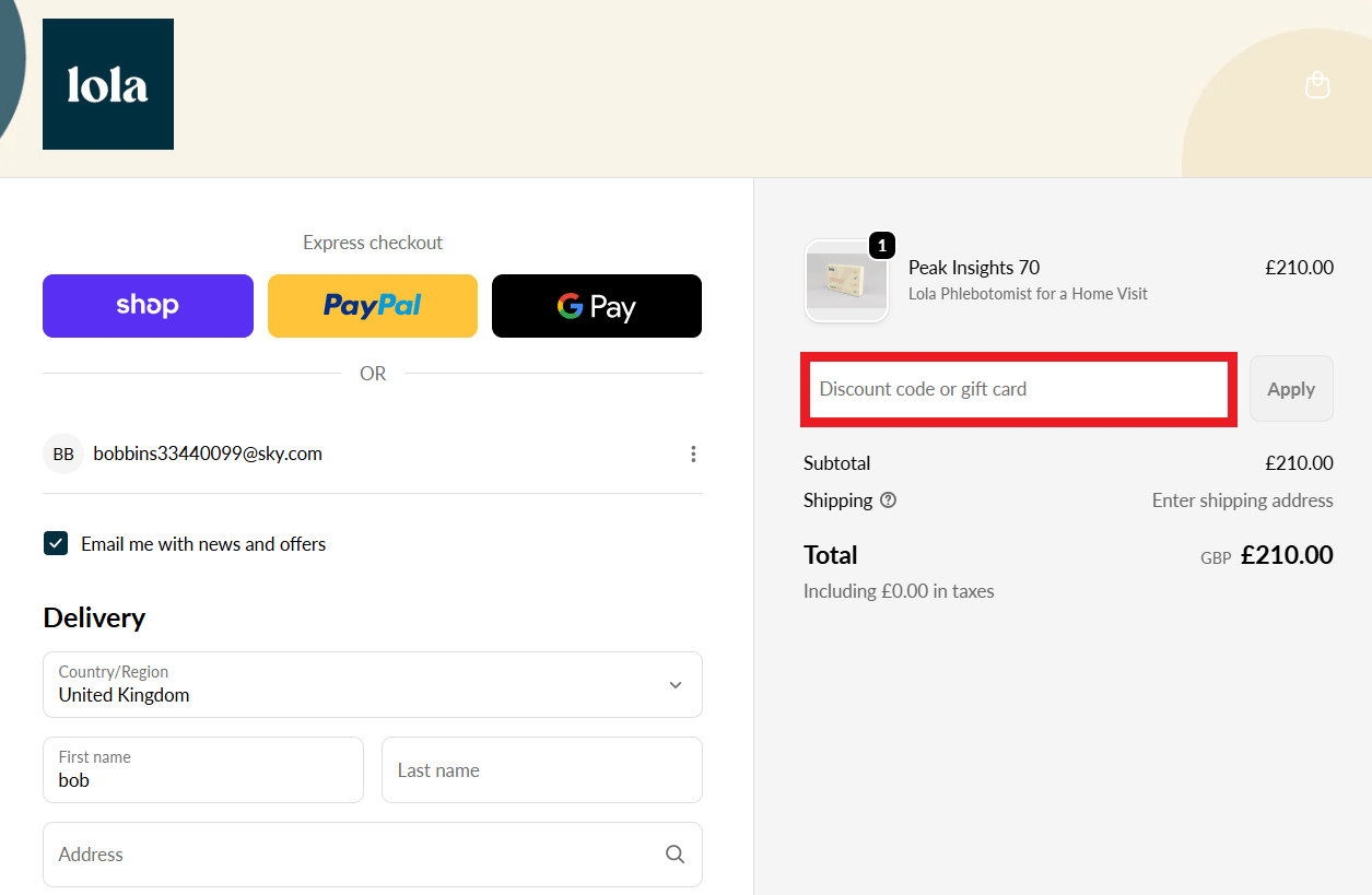 Lola Health discount code redemption box during checkout