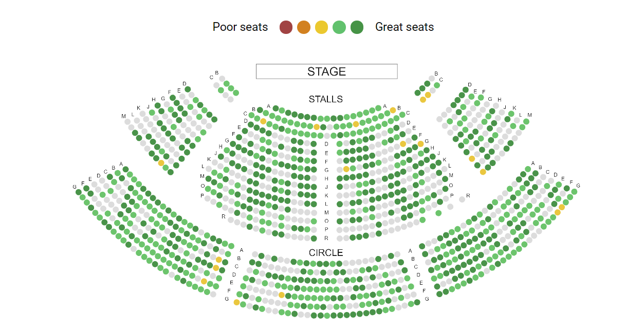 Seating chart for the London National Theatre displaying the good view seats in green, and poorer view seats in yellow