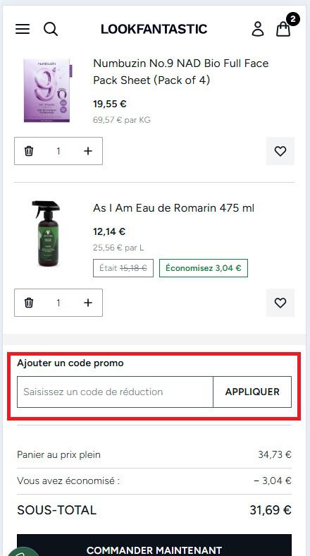 Encadré pour code promo Lookfantastic dans le panier de commande