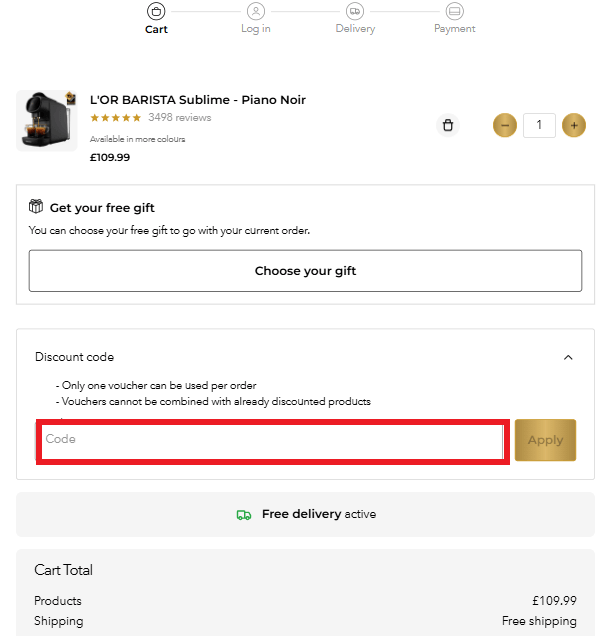 Screenshot of the L’OR discount code box at checkout on the L’Or website