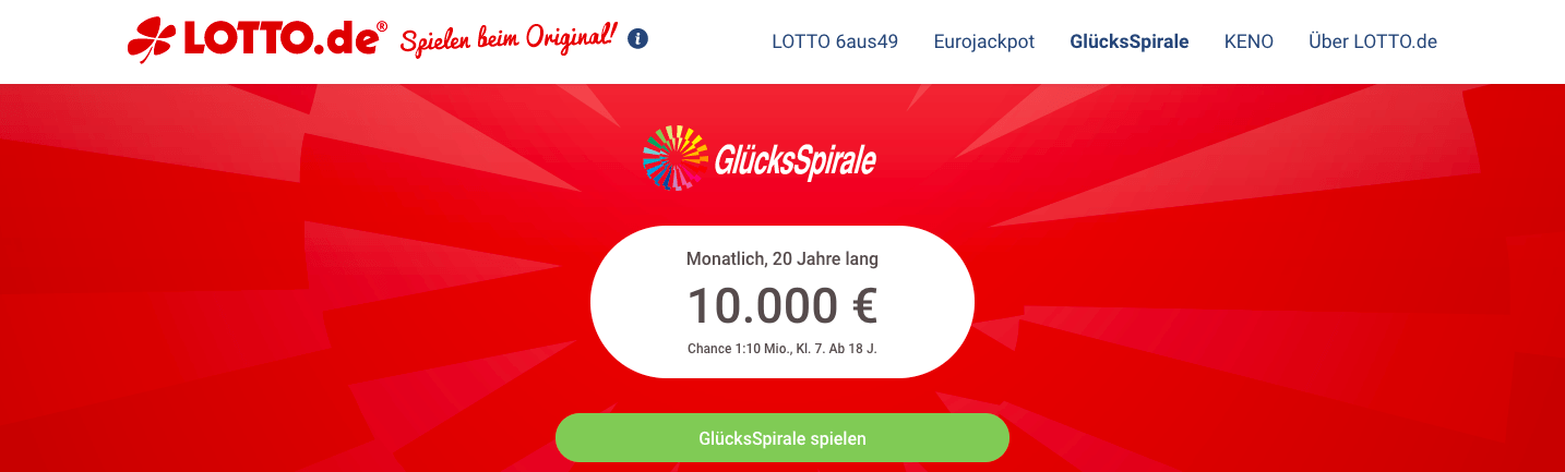 Gewinne monatlich 10.000 Euro, 20 Jahre lang bei der GlücksSpirale von Lotto.de