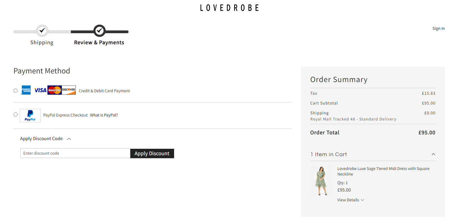Lovedrobe discount code box on the checkout page