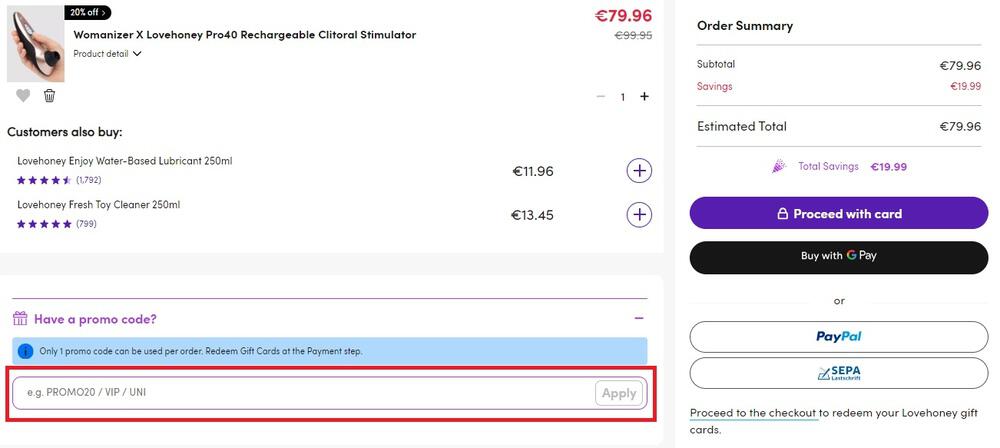Screenshot vom Eingabefeld für einen Lovehoney Gutschein im Warenkorb