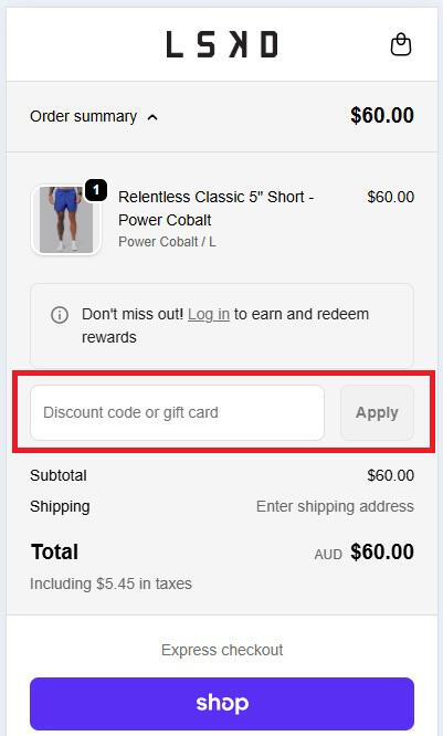LSKD discount code redemption box during checkout