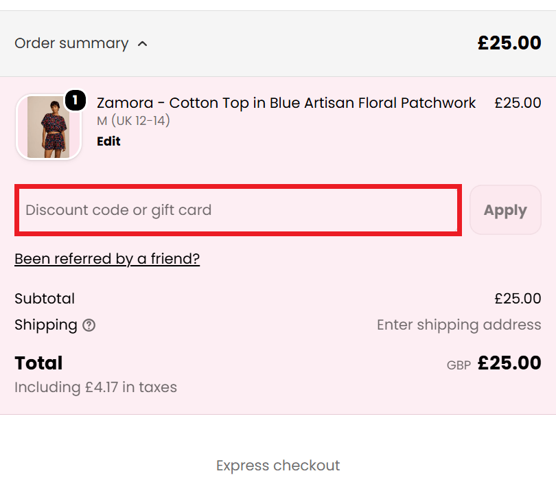 Lucy & Yak discount code box in shopping basket image