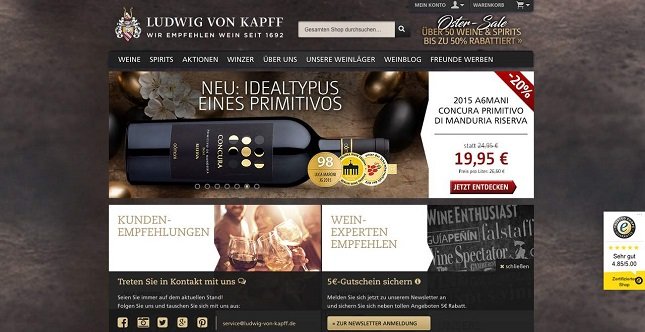 Startseite des Shops mit Werbung für verschiedene Weinarten und Ludwig von Kapff Angeboten zum Sparen