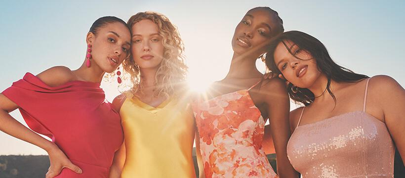 Lulus how to save image - 4 women wearing stylish bright outfits in brilliant sunshine