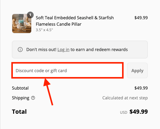 Luminara discount code box at checkout
