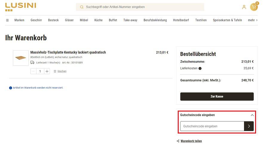 Screenshot aus dem Warenkorb mit Eingabefeld für den LUSINI Gutschein