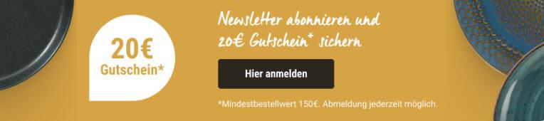 Teller am Rand des Banners vor ockerfarbenem Hintergrund mit Hinweis auf den 20 € LUSINI Newsletter-Gutschein