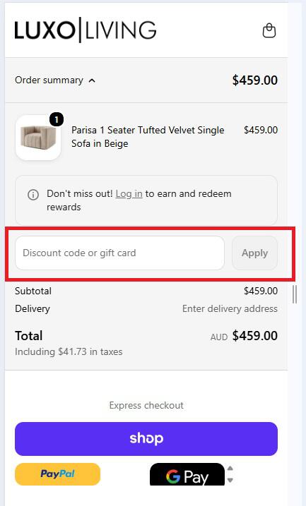 screenshot of Luxo Living discount code box at checkout