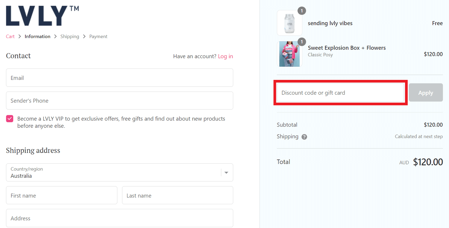 LVLY coupon code box during checkout