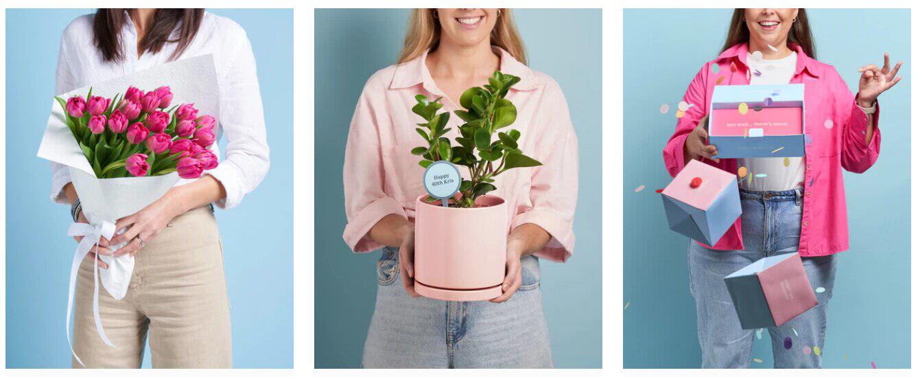 LVLY flower gifts image - three women holding different floral gifts on brightly coloured backgrounds