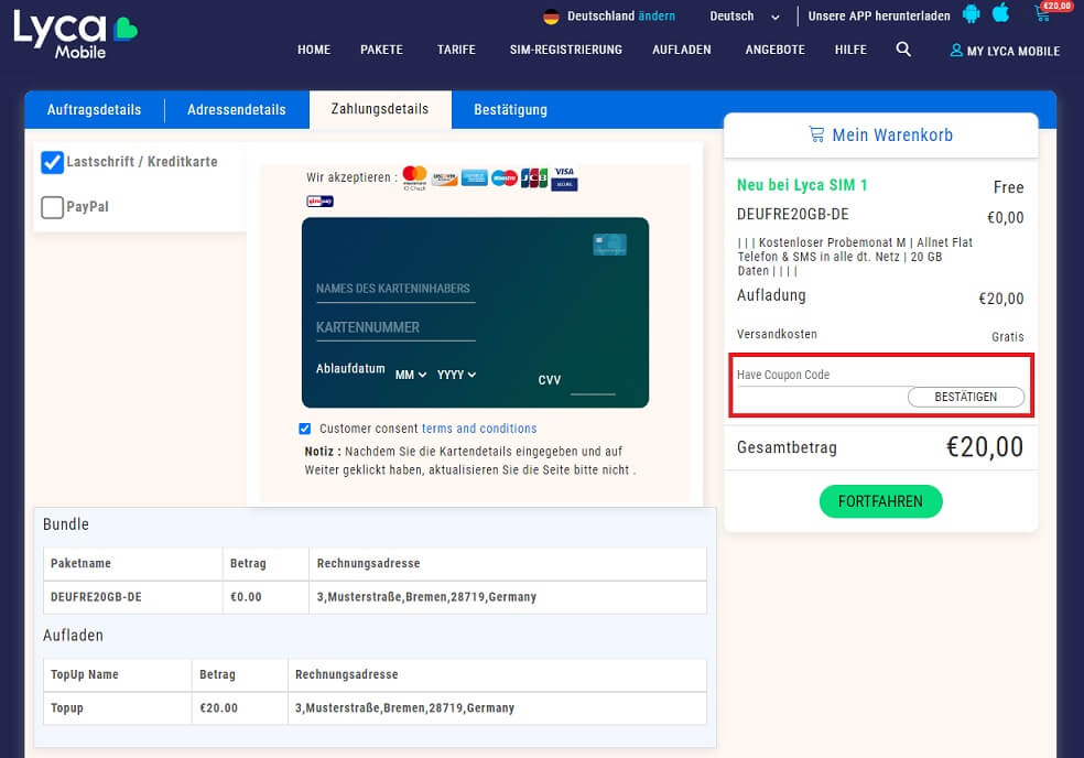 Screenshot aus dem Warenkorb mit Eingabefeld zum Einlösen vom Lycamobile-Gutschein