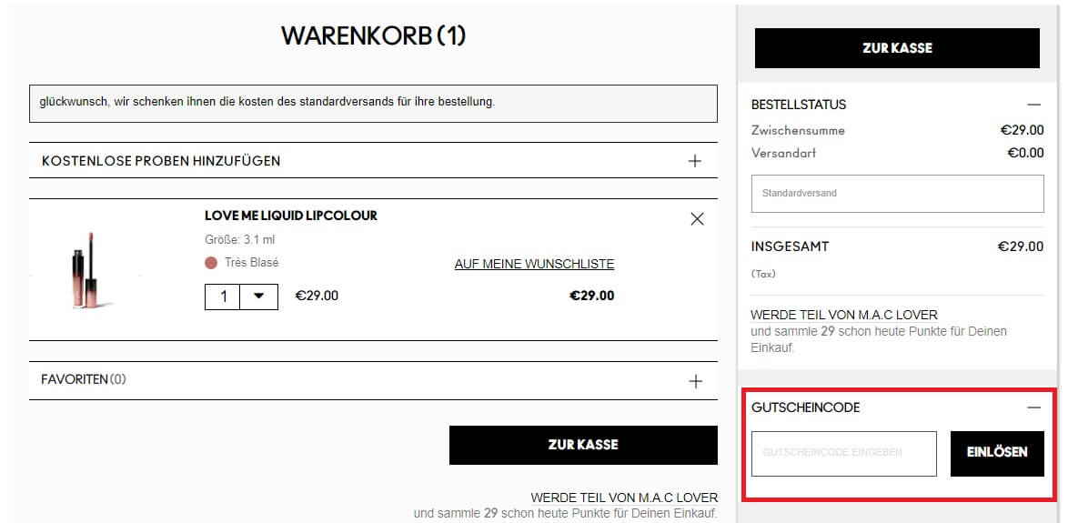 Eingabefeld für einen MAC Gutschein