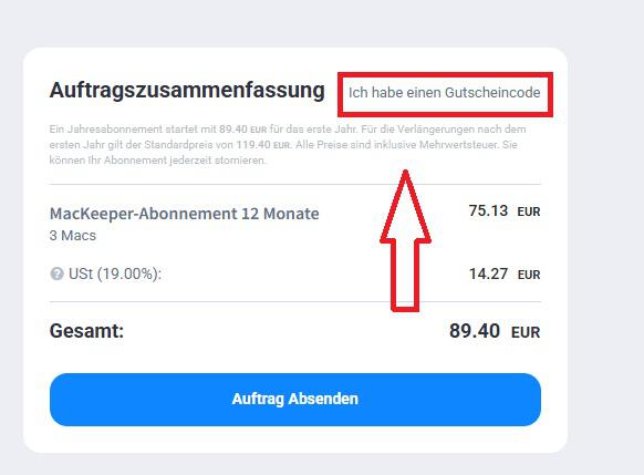 Screenshot von der Bestellübersicht, um einen Mackeeper Gutschein einzugeben