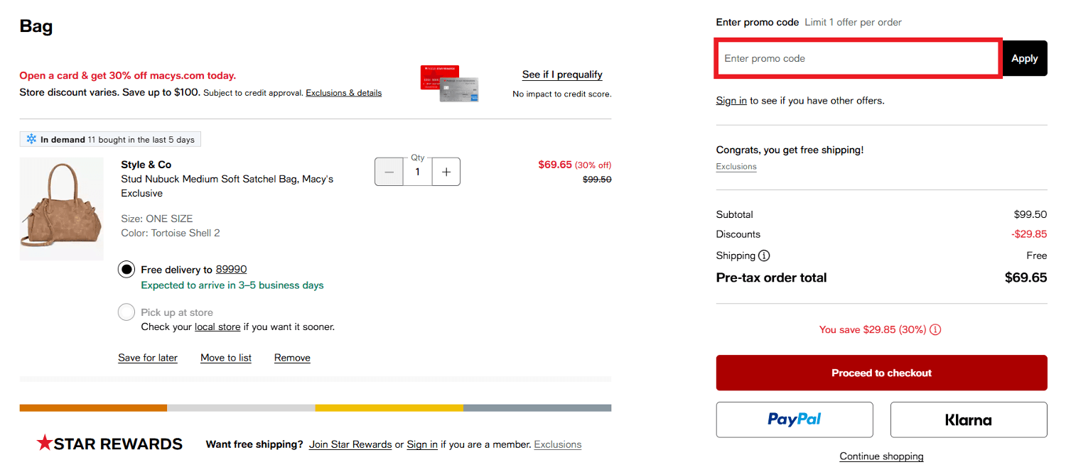 Macy’s discount code redemption box picture