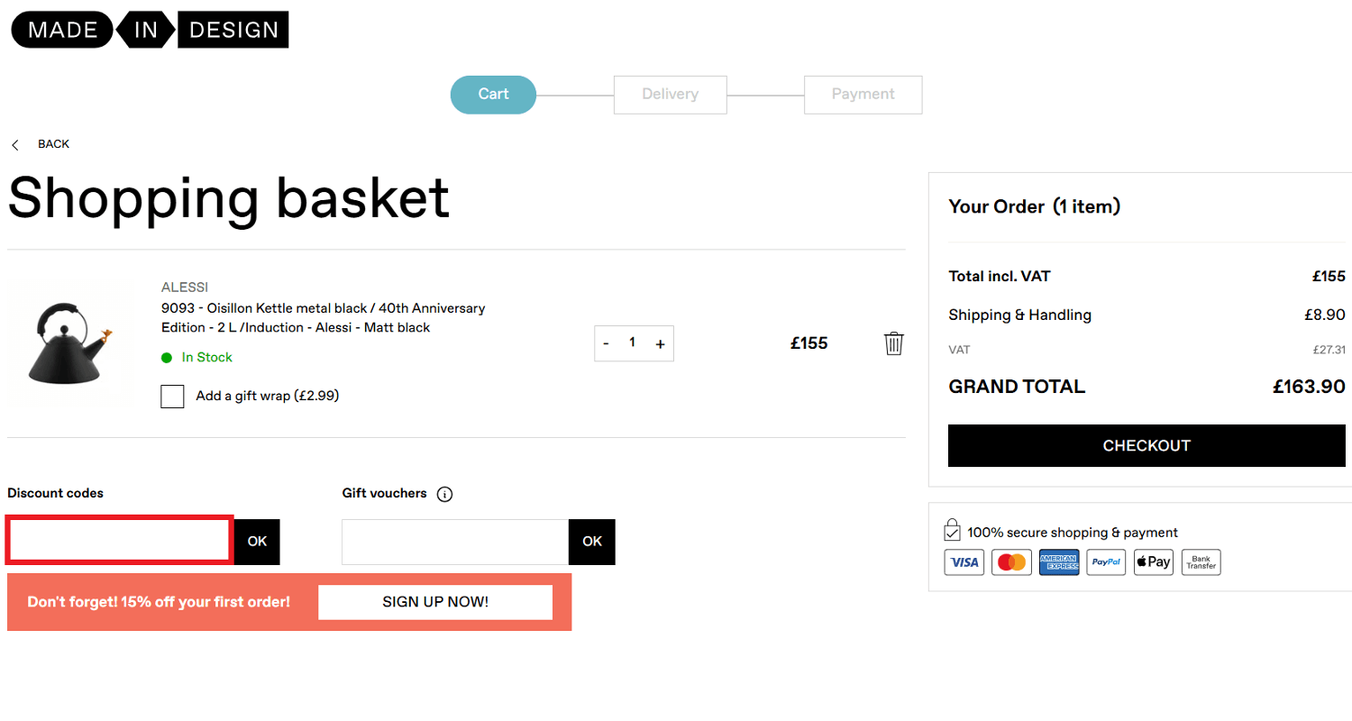 Made in Design discount code box in basket screenshot