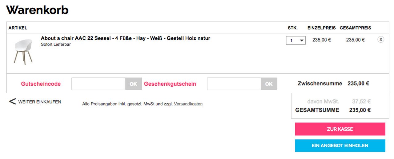 Screenshot des Eingabefeldes für Made In Design Gutscheine
