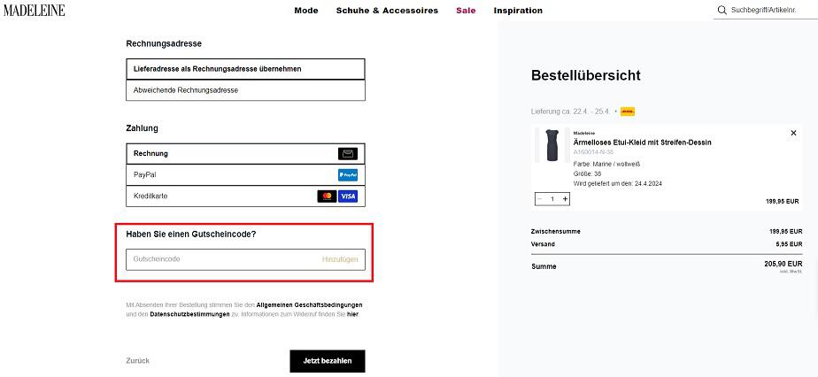 Screenshot aus dem Warenkorb mit Feld, wo du den Madeleine Gutschein einlösen kannst.
