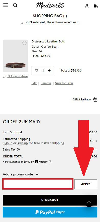 Madewell coupon code box