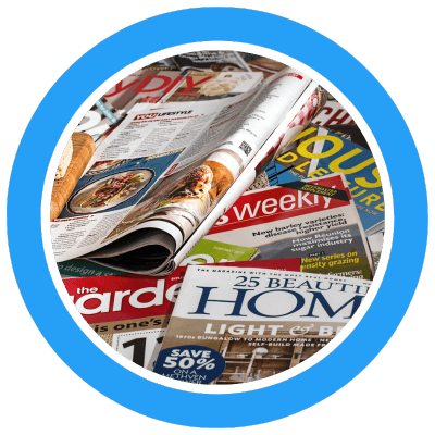 Magazines image showing an assortment of scattered magazine titles
