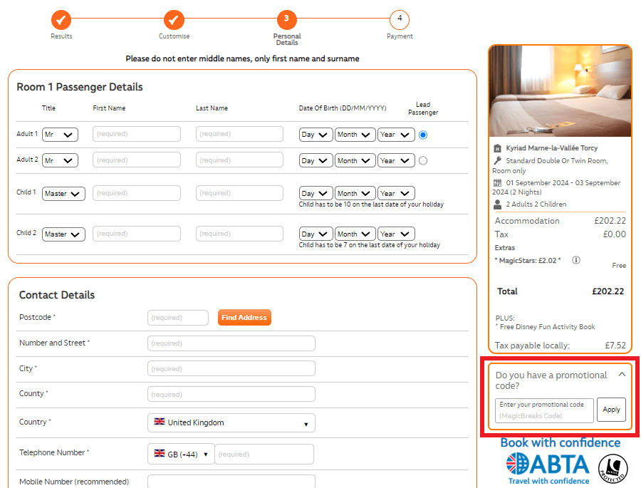 MagicBreaks discount code box during booking process