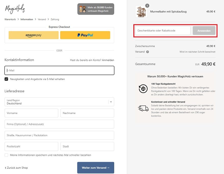 Screenshot aus dem Warenkorb mit Hinweis auf MagicHolz-Gutschein-Anwendung